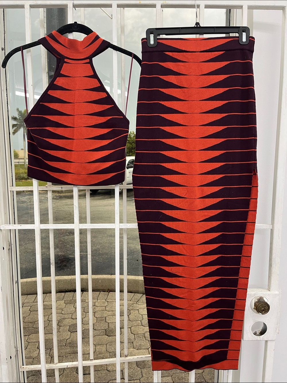 Fashion Nova Orange and Burgundy Geometric Halter Crop Top